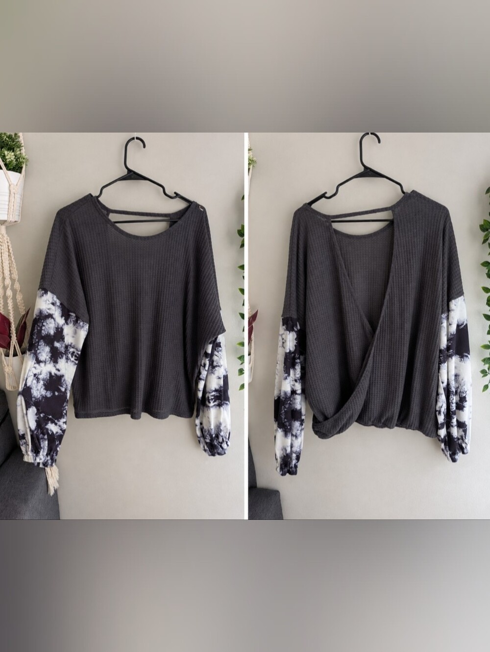 SHEIN Charcoal Waffle Knit Top with Black & White Tie-Dye Sleeves